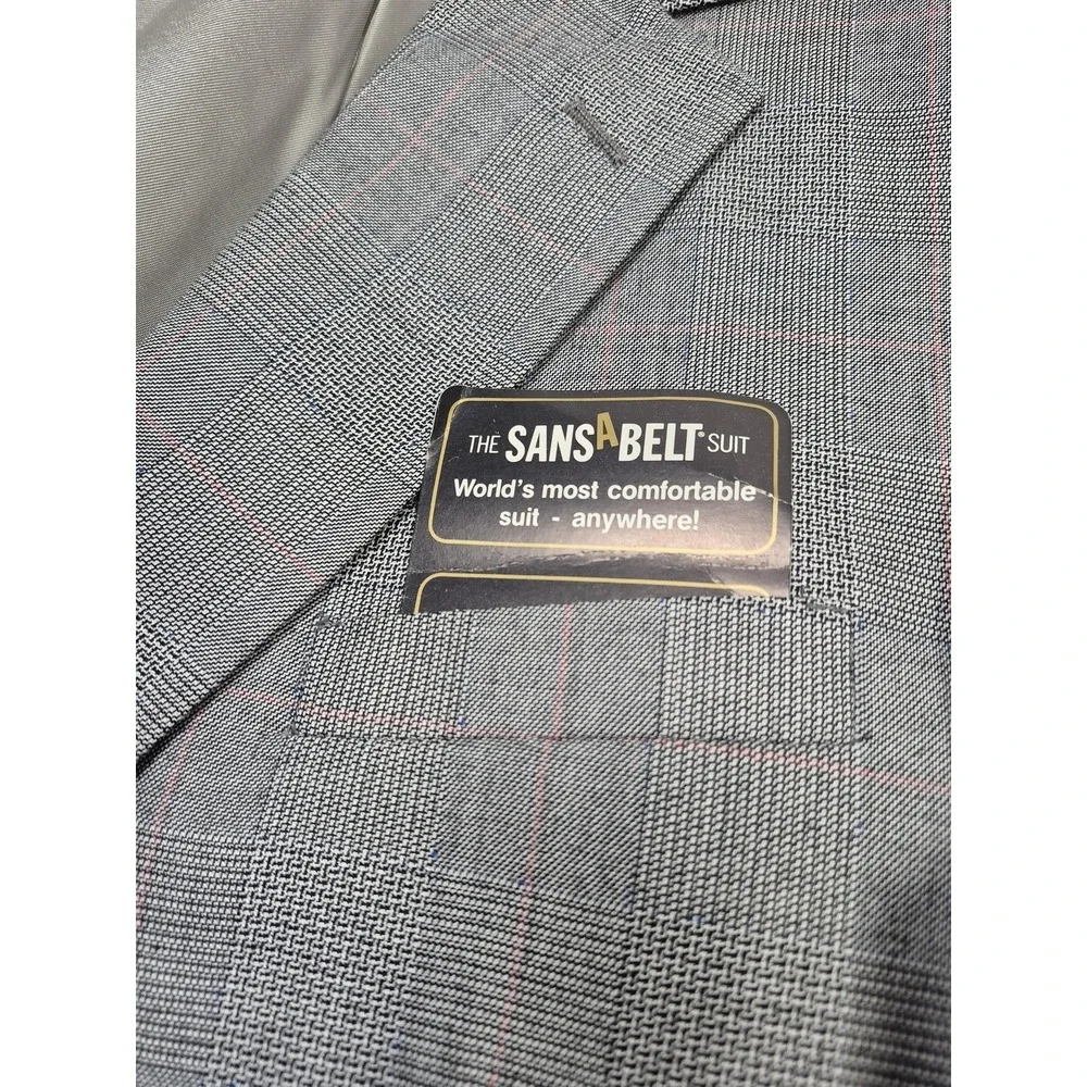 VTG Sansabelt Suit Mens 48 Gray Poly Wool Plaid Tweed 2 Piece 44x36 USA NWT